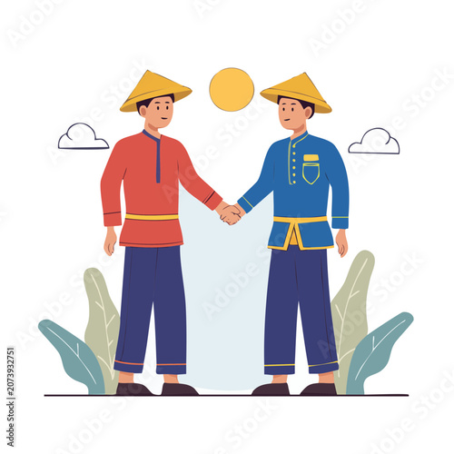 Two men in traditional clothing shaking hands illustration