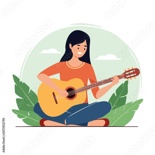 Woman playing acoustic guitar in nature illustration