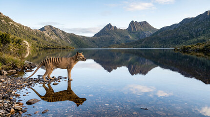 Tasmanian Tiger Thylacine Standing Serene In Pristine Lake Water With Majestic Mountain Reflections Under Clear Sky A Symbol Of Extinct Wildlife And Wilderness Beauty