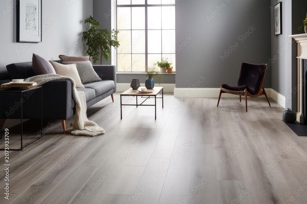 Obraz premium Spacious living area featuring a sofa, coffee table, armchair, and light wood effect floor