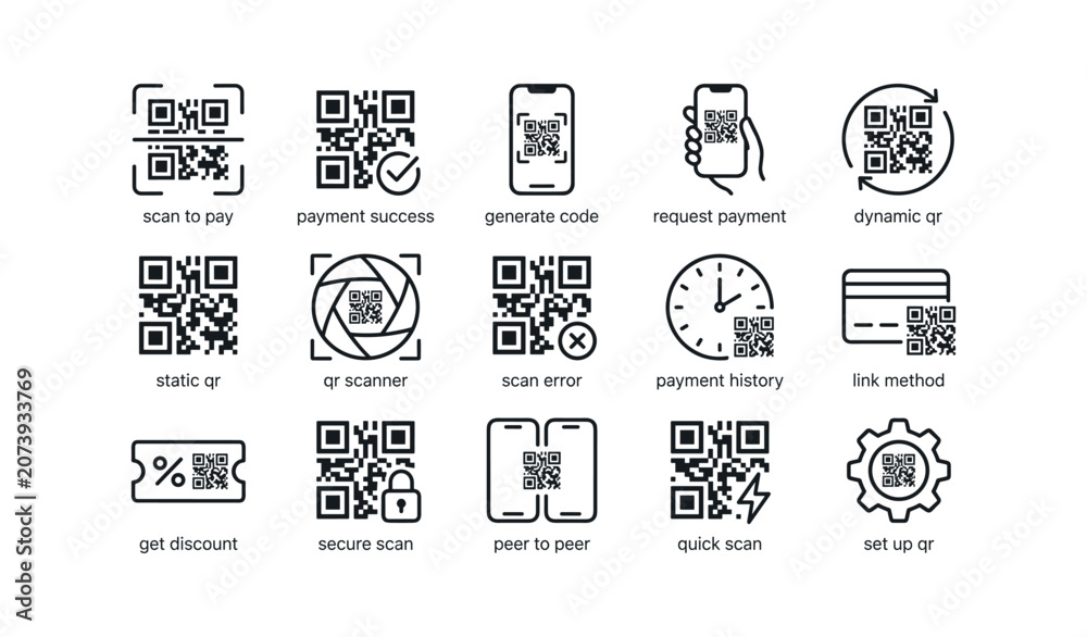 Fototapeta premium Qr code and payment icons arranged with labels on white background
