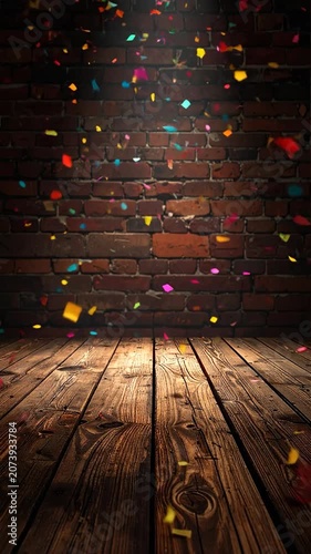 Colorful confetti falls on an empty wooden stage with brick wall