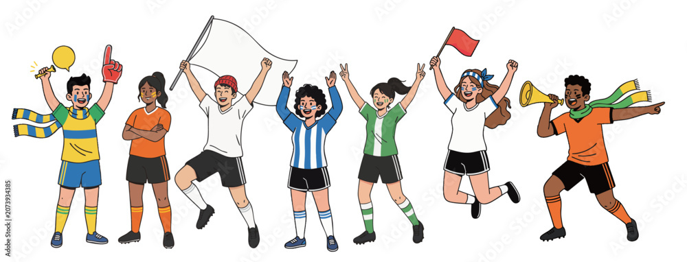 Obraz premium Soccer fans celebrating together with team kits, flags and scarves in a diverse supporter group illustration
