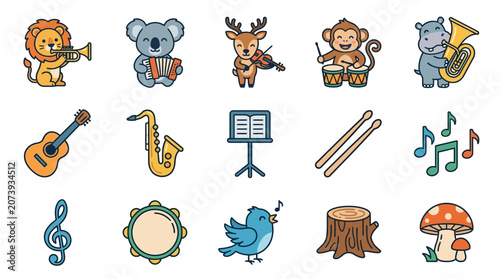 Photography Cute Cartoon Forest Musicians Poster Featuring Hippo Lion Reindeer Koala and Mon