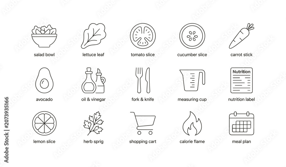 Fototapeta premium Food and salad icons showing ingredients and nutrition labels