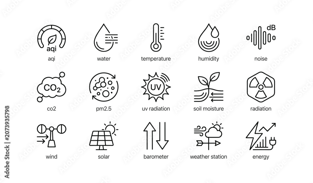 Fototapeta premium Environmental sensor and weather monitoring icons arranged in grid