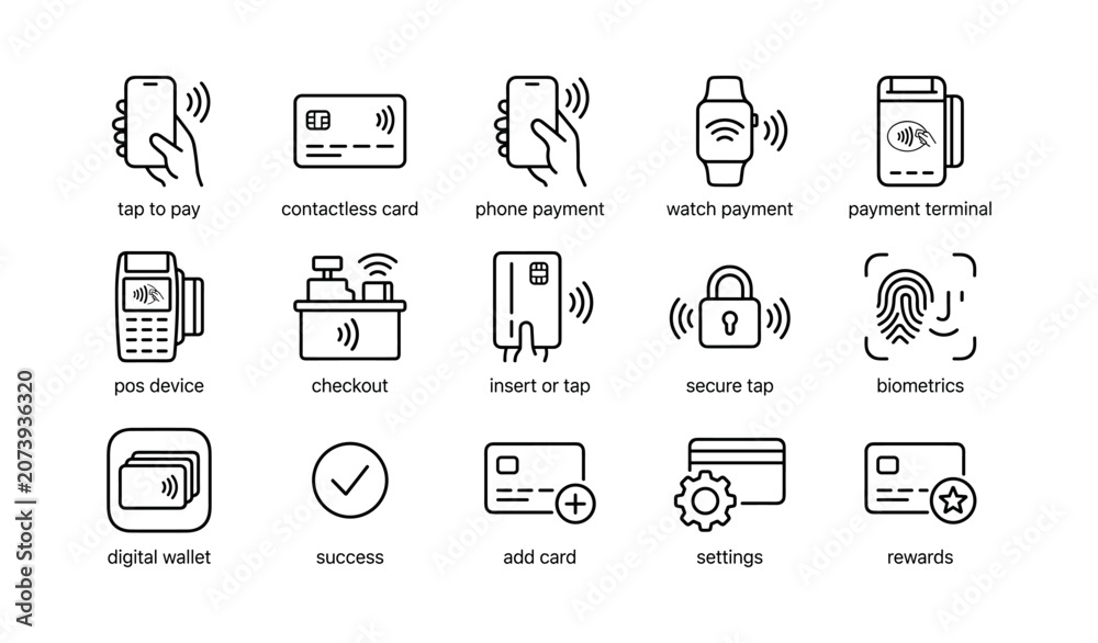 Fototapeta premium Contactless payment icons showing tap transactions and security