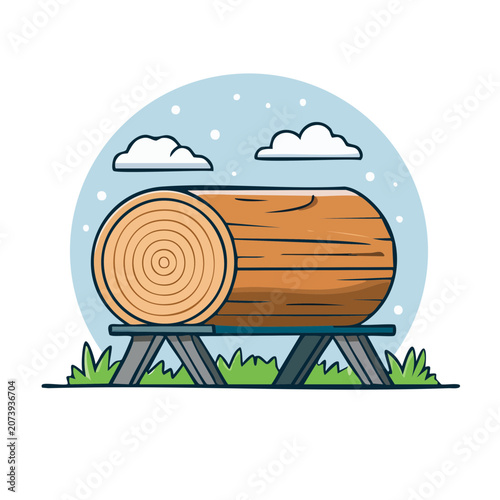 Wooden log on sawhorse flat vector illustration