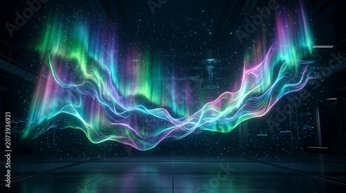 Vibrant digital energy waves flowing in a dark futuristic interior
