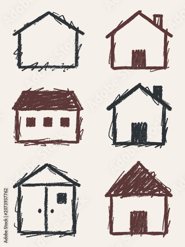 Six hand-drawn house icons with dark grey and brown sketchy lines on a light beige background