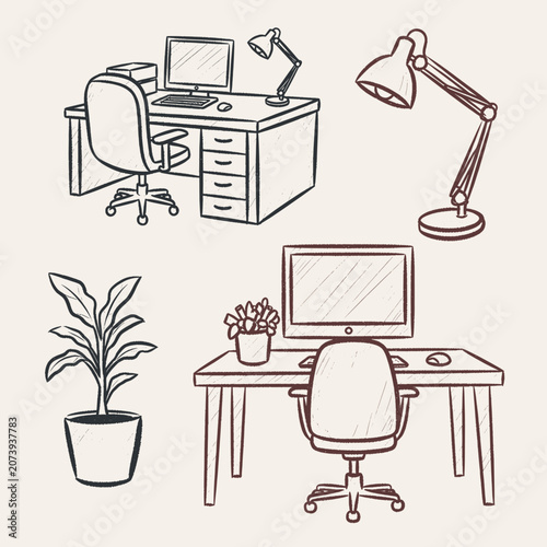 Hand-drawn outline illustrations of two computer desk setups, a desk lamp, and a potted plant in a simple sketch style