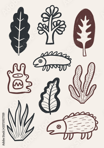 Hand drawn doodle elements of leaves, plants, fish, and a monster in dark gray and brown on a light background