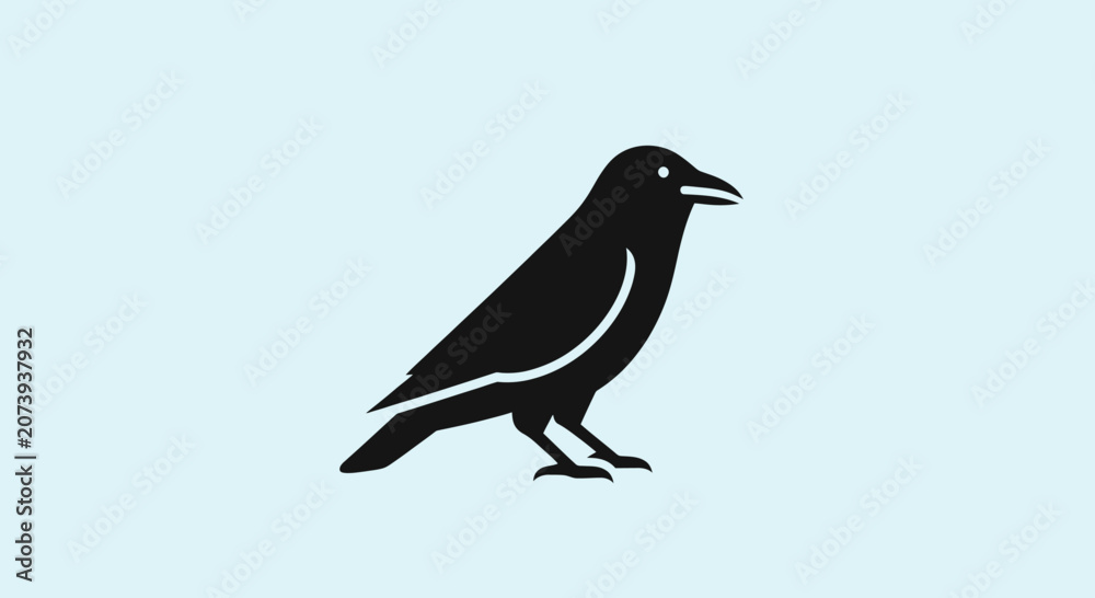 Naklejka premium Black raven silhouette profile on light blue background.