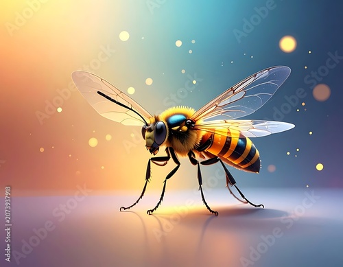 A colorful illustration of a bee with a shiny thorax and transparent wings