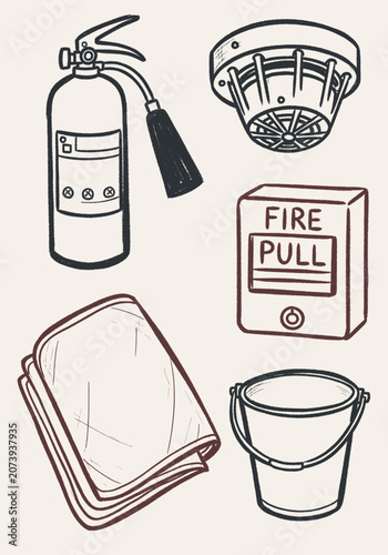 Fire safety equipment set with extinguisher, smoke detector, pull alarm, bucket, and folded cloths, hand-drawn vector