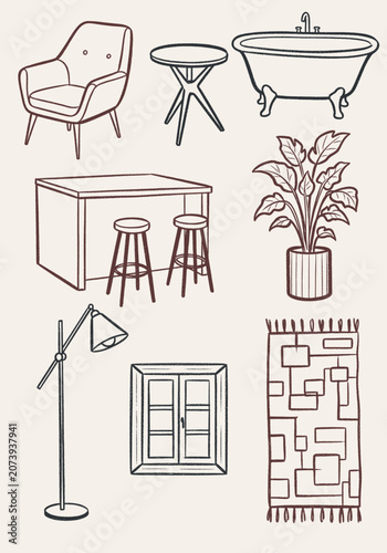Collection of household furniture and decor items as line art icons with a textured doodle style on a light background