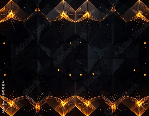 A dark geometric pattern with glowing orange accents