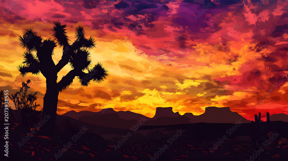 Fototapeta premium Desert landscape with joshua tree at vibrant colorful sunset