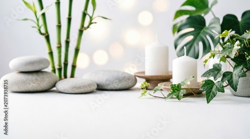 Zen Garden with Bamboo, Stones and Candles for Wellness Design