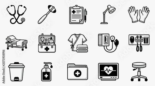 Bild auf Leinwand Clean Black and White Medical Icons Set Featuring Essential Healthcare Tools and