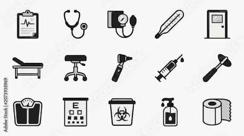 Foto Clean Black and White Medical and Healthcare Icons Set Clipboard Stethoscope The