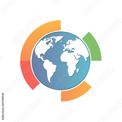 Flat vector globe with colorful arcs