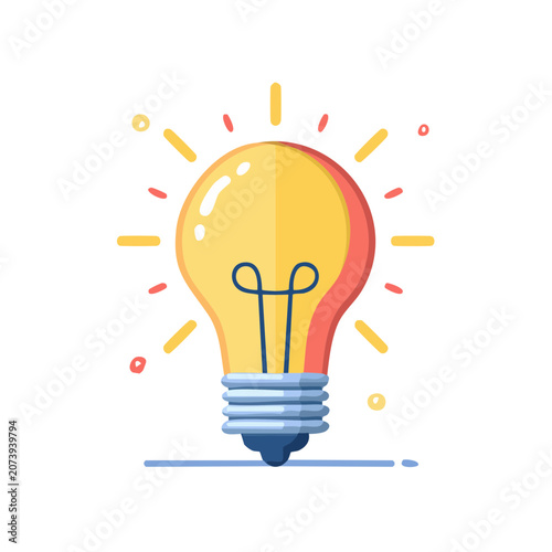 Flat vector light bulb with glowing rays