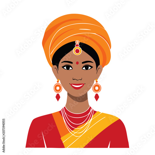 Woman in traditional orange headscarf and red attire illustration