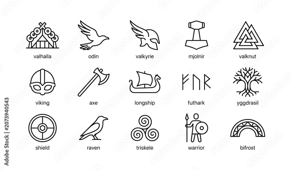 Fototapeta premium Norse and viking symbol icons arranged in grid on white background