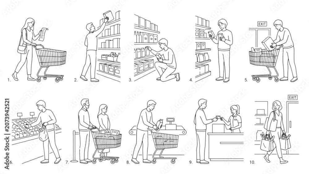 Obraz premium Grocery Shopping Poses Line Art Collection | 10 Premium Supermarket Lifestyle Vector Pack