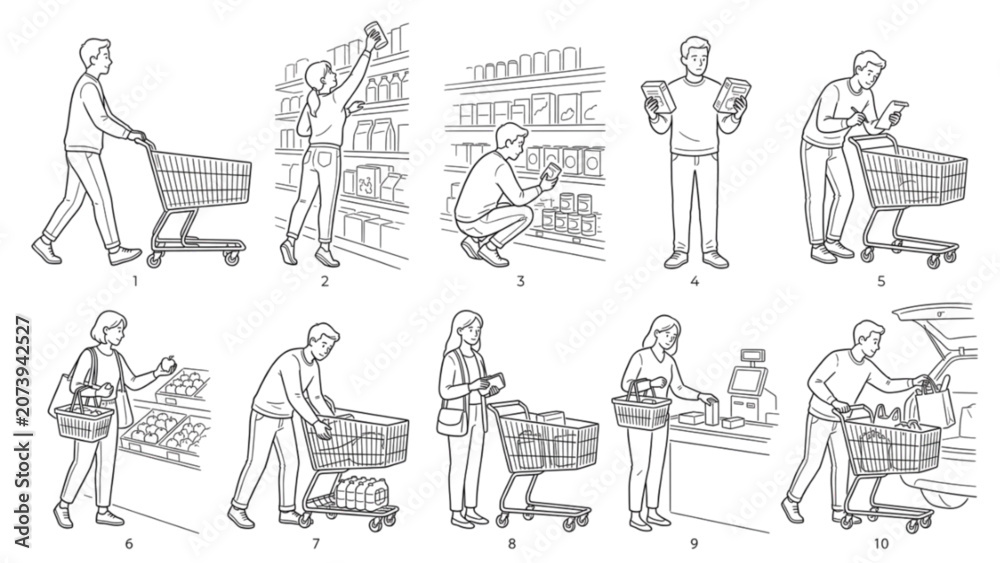Obraz premium Grocery Shopping Poses Line Art Collection | 10 Premium Supermarket Lifestyle Vector Pack