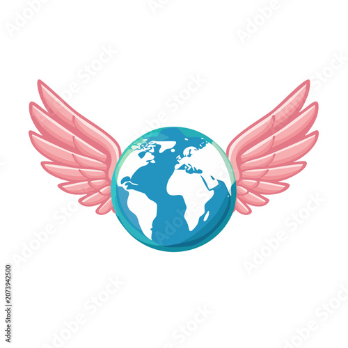 Globe with Pink Wings Vector Illustration