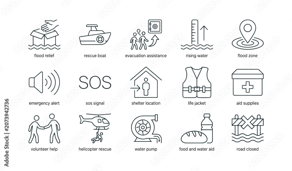 Fototapeta premium Flood relief icons showing rescue operations and aid on white