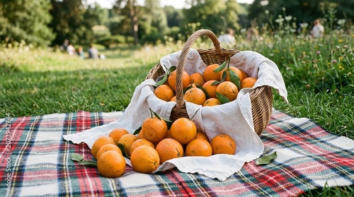 Oranges spilled from basket on plaid blanket outdoors