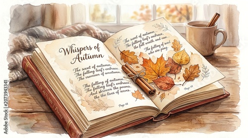 Open book with autumn leaves on a wooden table