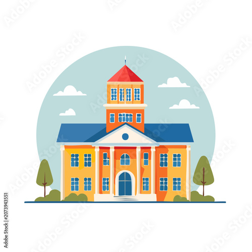 Flat illustration of a school building with tower