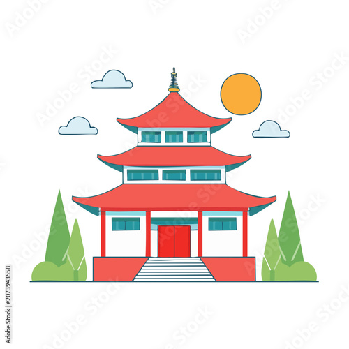 Flat illustration of a traditional pagoda with trees and sun