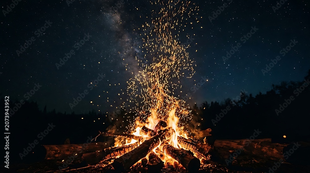 Fototapeta premium Bonfire with glowing sparks under a starry night sky
