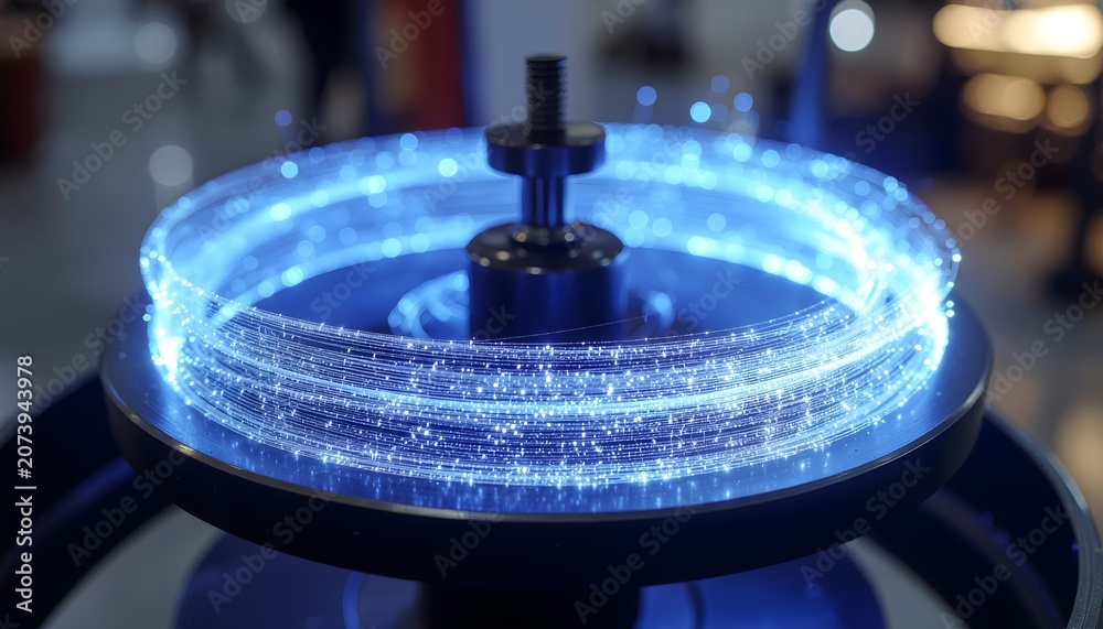 Obraz premium Spool of Glowing Blue Fiber Optic Cable with Luminous Data Particles in Industrial High Tech Production Factory