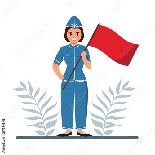 Woman in uniform holding red flag, flat vector illustration