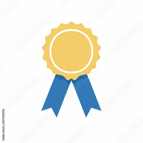 Yellow award ribbon with blue ribbons on white background