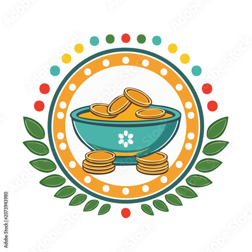 Bowl of gold coins with laurel wreath and decorative border