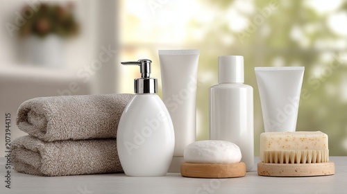 Set of Personal Hygiene Cosmetics and Skincare Products Arranged on a Table for Daily Self Care Beauty and Personal Care Routine
