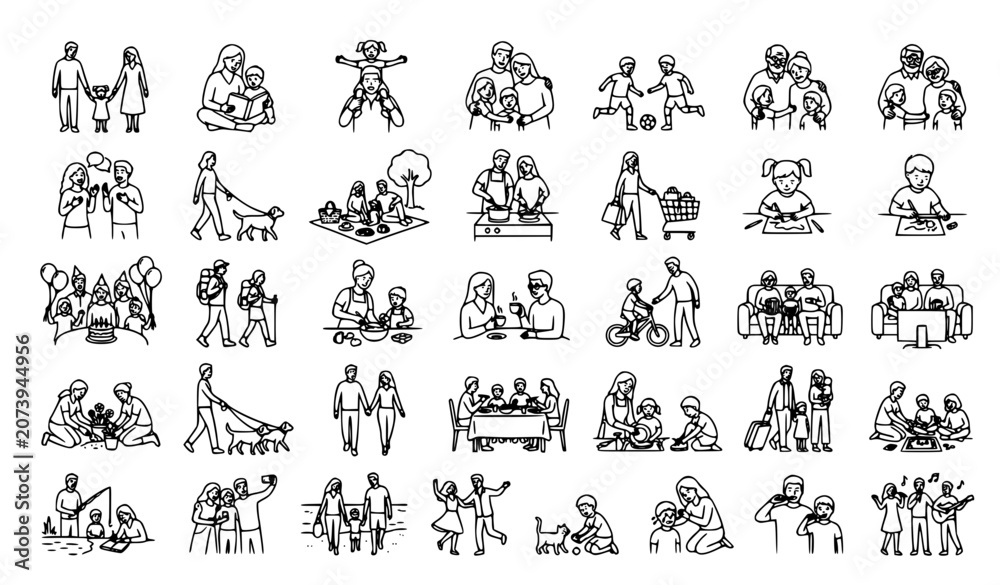 Fototapeta premium Minimalist Line Art People Activities Vector Set – Everyday Life, Sports and Fitness Outline Icons Collection