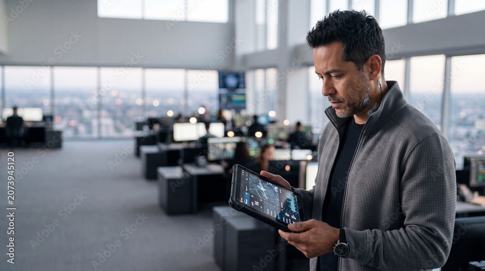 Fototapeta premium A focused individual inspects analytical data on a tablet, surrounded by high-tech workstations. The city skyline glows softly through vast windows as day shifts to night.