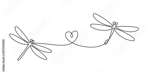 Two dragonflies flying with a heart shape in a continuous line drawing