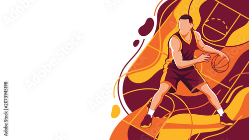 Foto Stylized basketball player dribbling on abstract orange background