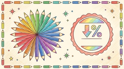 Colorful pencil starburst and discount badge for school promotion