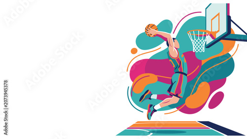 Foto Stylized colorful basketball player performing an aerial slam dunk illustration