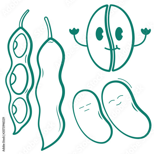 Cute Kawaii Beans Characters Vector Set Pastel Colored Flat Style Food Illustration, Hand Drawn Cartoon Bean Collection for Healthy Food, Agriculture, Organic Nutrition, and Kids Design